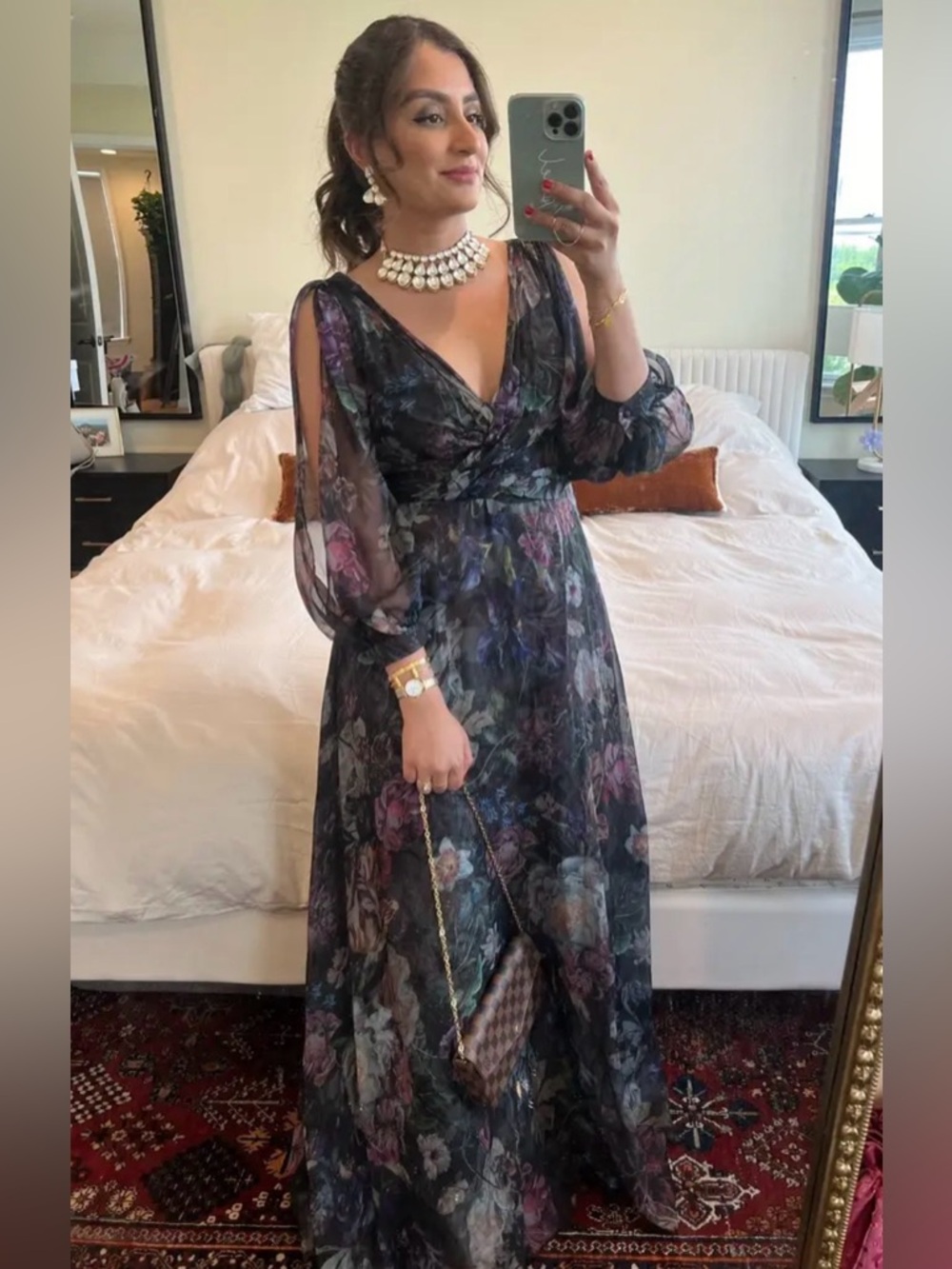 Marchesa Notte Metallic Floral Pleated Gown v neck size 4.